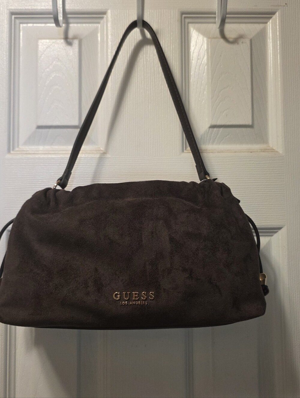 GUESS Dark Brown Suede Shoulder Bag with Gold Logo